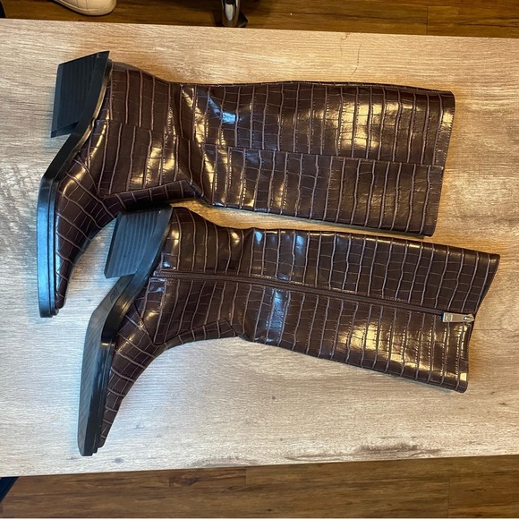 Zara Dark Brown Croc Embossed Knee-High Boots - Picture 2 of 14
